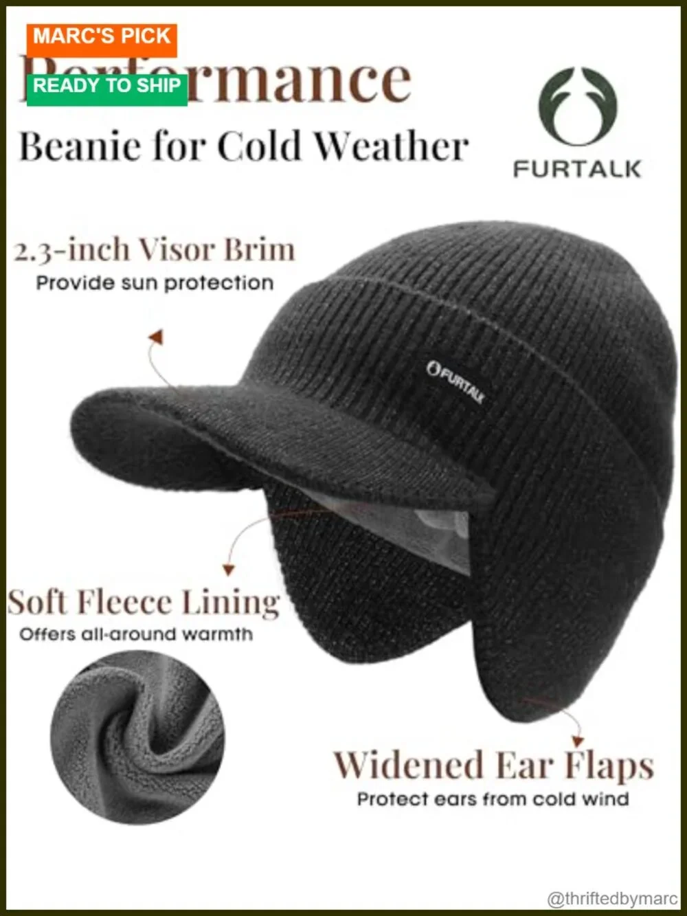 Winter Beanie with Brim Fleece Lined and Ear Flaps Thermal Hat